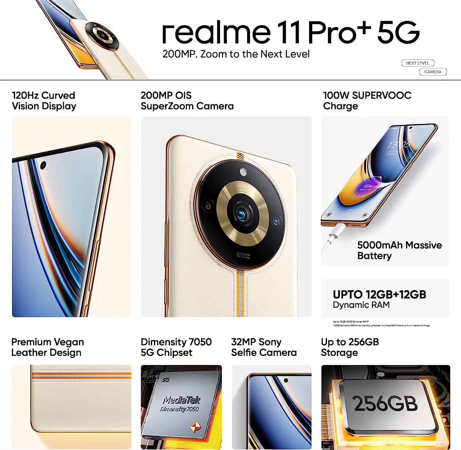 Realme 11 Pro Plus With 6.7 Inches Amoled Display , 200 MP Triple Camera , Under Display Fingerprint sensor , Li-Po 5000mAh Powerful Battery 3