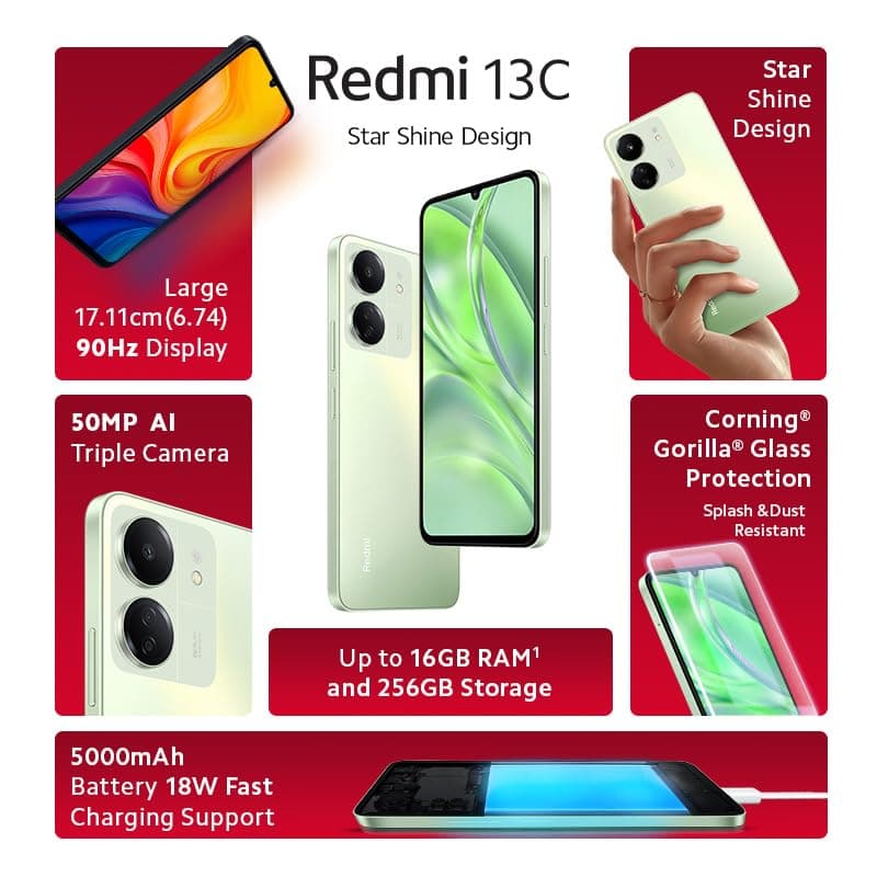 Redmi 13C (8GB RAM, 256GB Storage) | MediaTek Dimensity 6100| 90Hz Display 4