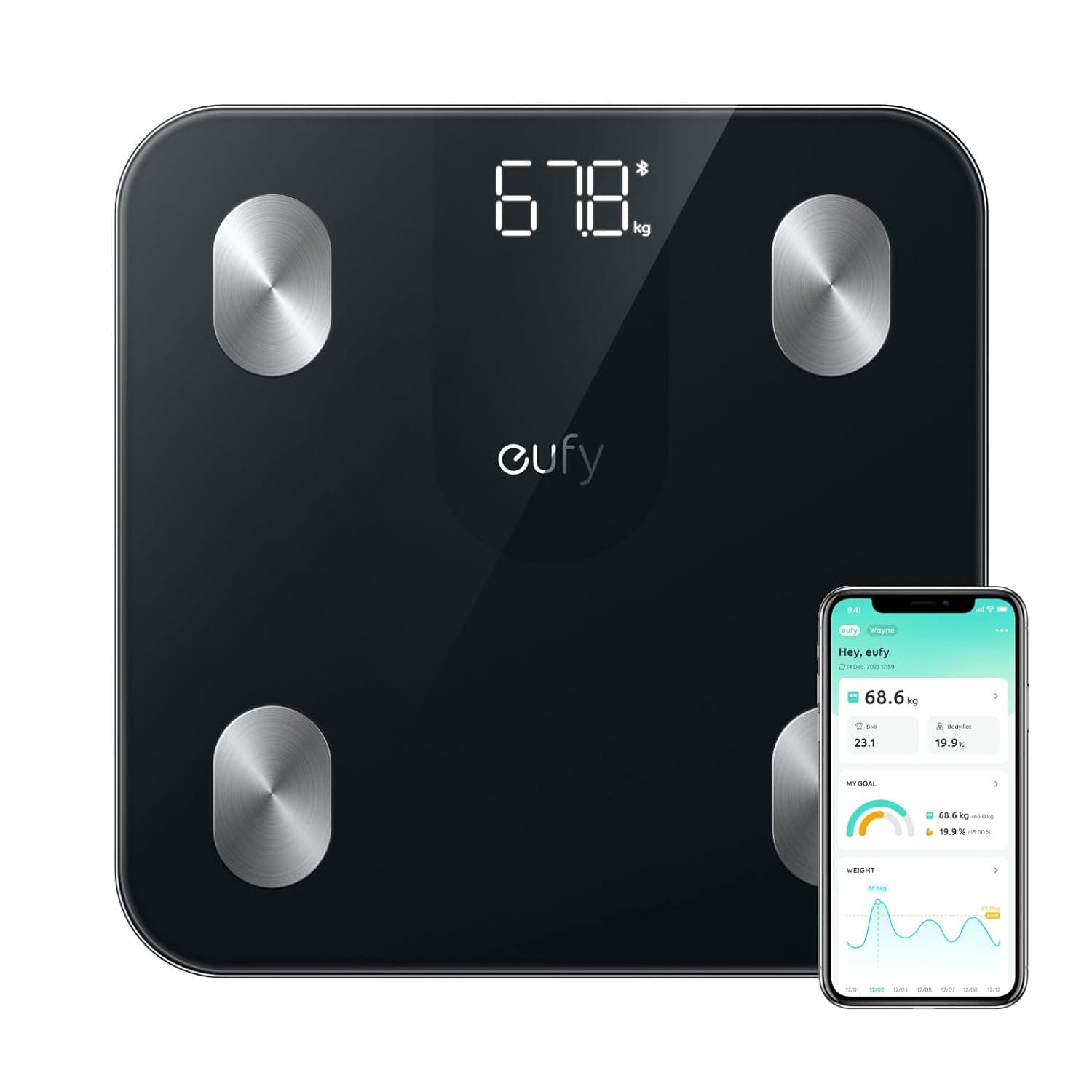eufy Smart Scale A1 with Bluetooth Body Fat 12 Measurements Weight/Body Fat/BMI Fitness Body Composition Analysis Black
