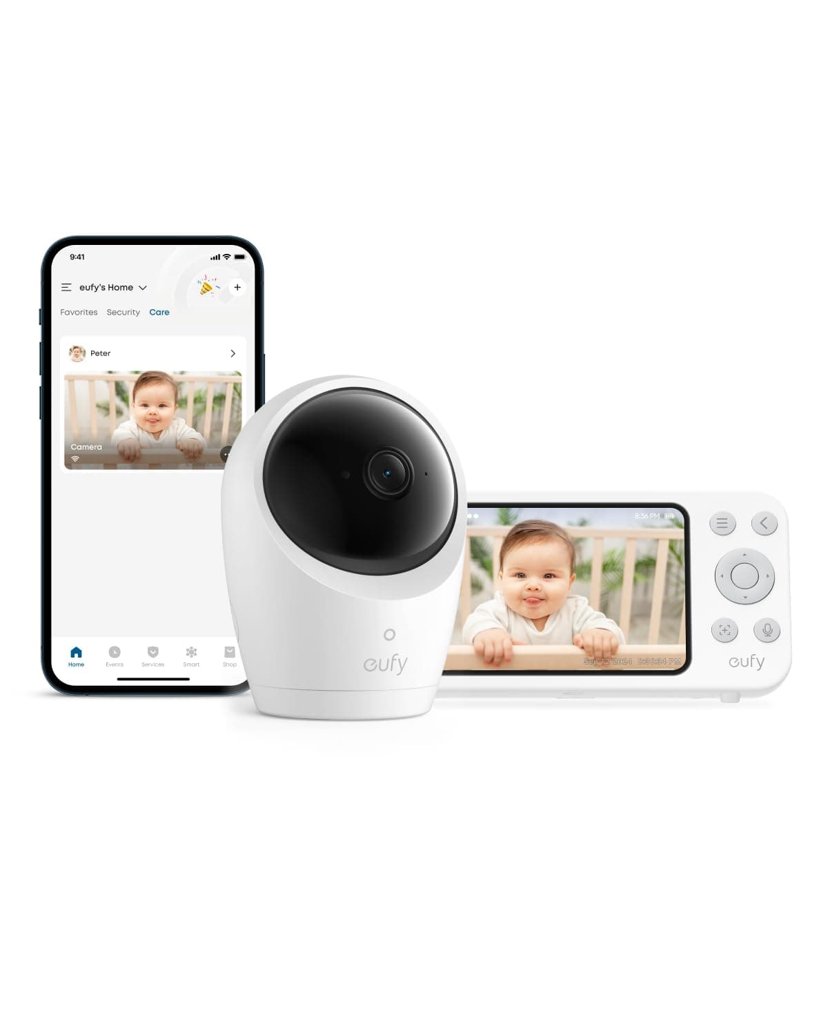 eufy Baby Monitor E20 2K Resolution 720p Display Hybrid Connection Wi-Fi No Wi-Fi Control Pan-Tilt 4x Zoom Night Vision Built-in Battery Camera ANR Smart Alerts 24/7 Recording