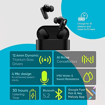OnePlus Nord Buds True Wireless in Ear Earbuds with Mic, 12.4mm Titanium Drivers, Playback:Up to 30hr case, 4-Mic Design + AI Noise Cancellation, IP55 Rating, Fast Charging (Black Slate) - Buy Online at Best Price