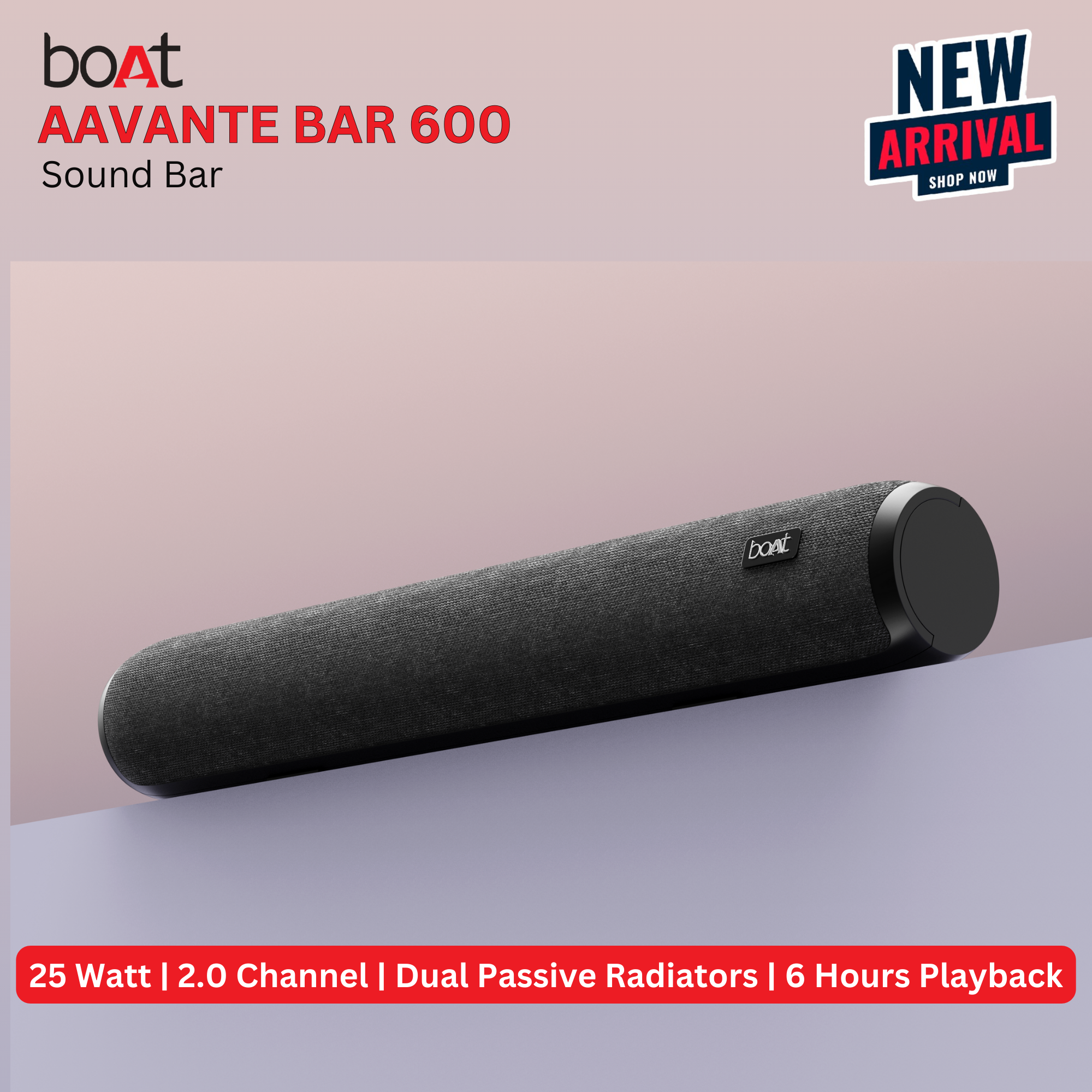 boAt AVANTE BAR 600 | 25W RMS Bluetooth Stereo Sound Bar | Up to 6 Hours Long Playback | 2.0 Channel Soundbar | Dual Passive Radiators | Multi Compatibility - Bluetooth, AUX & USB(upto 32 GB)