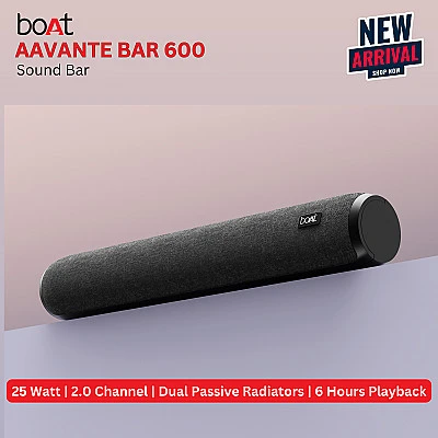 boAt AVANTE BAR 600 | 25W RMS Bluetooth Stereo Sound Bar | Up to 6 Hours Long Playback | 2.0 Channel Soundbar | Dual Passive Radiators | Multi Compatibility - Bluetooth, AUX & USB(upto 32 GB) - Buy Online at Best Price